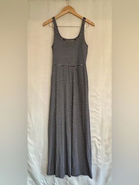 Peach EUC Navy Blue White Stripe Maxi Dress Pockets Sleeveless Pima Cotton S